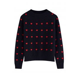 Full of Hearts Embroidered Emboss Knit Crop Sweater in Black | Chicwish