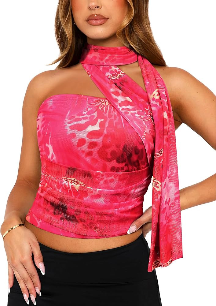 Womens Y2K Halter Scarf Top Sexy Sheer Mesh Tube Top Ruched Double Layer Halter Crop Tops Going O... | Amazon (US)