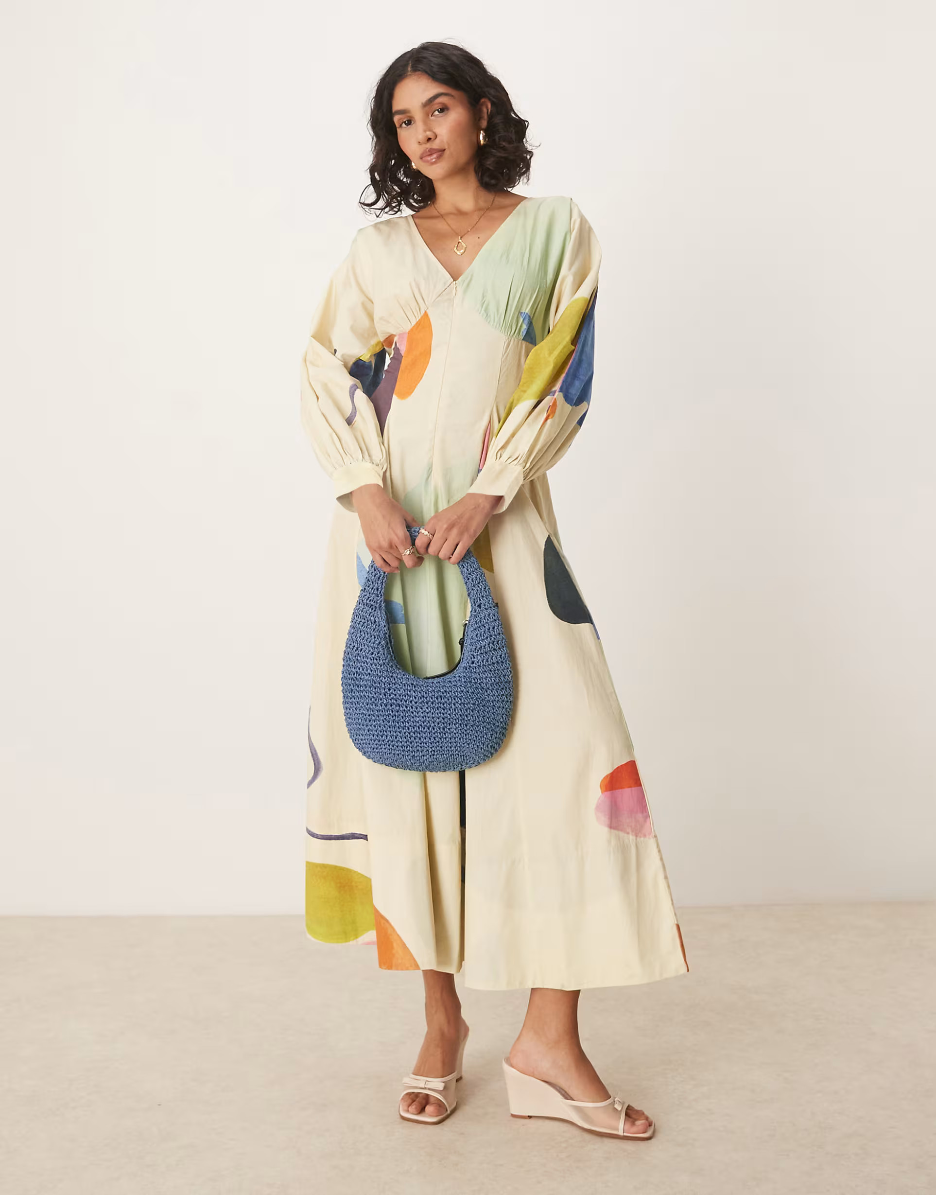 ASOS DESIGN long sleeve v neck poplin maxi dress in print | ASOS (Global)