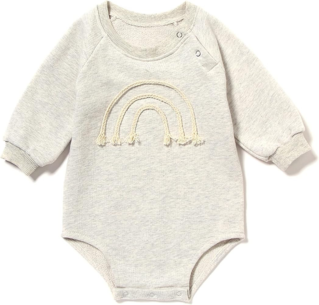 Baby Girl Crewneck Sweatshirt Romper, Long Sleeve Rainbow Pullover Sweater Top Warm Fall Winter Clot | Amazon (US)