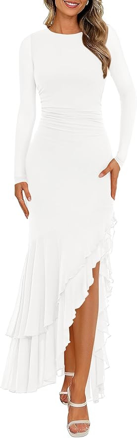 BTFBM Women's Maxi Dresses Fall 2025 Long Sleeve Ruched Bodycon Solid Ruffle Mermaid Cocktail Wed... | Amazon (US)