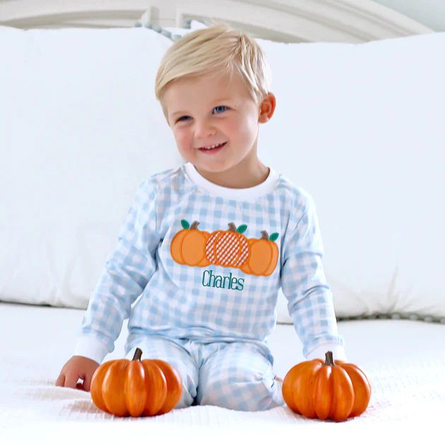 Pumpkin Applique Loungewear Light Blue Gingham | Classic Whimsy