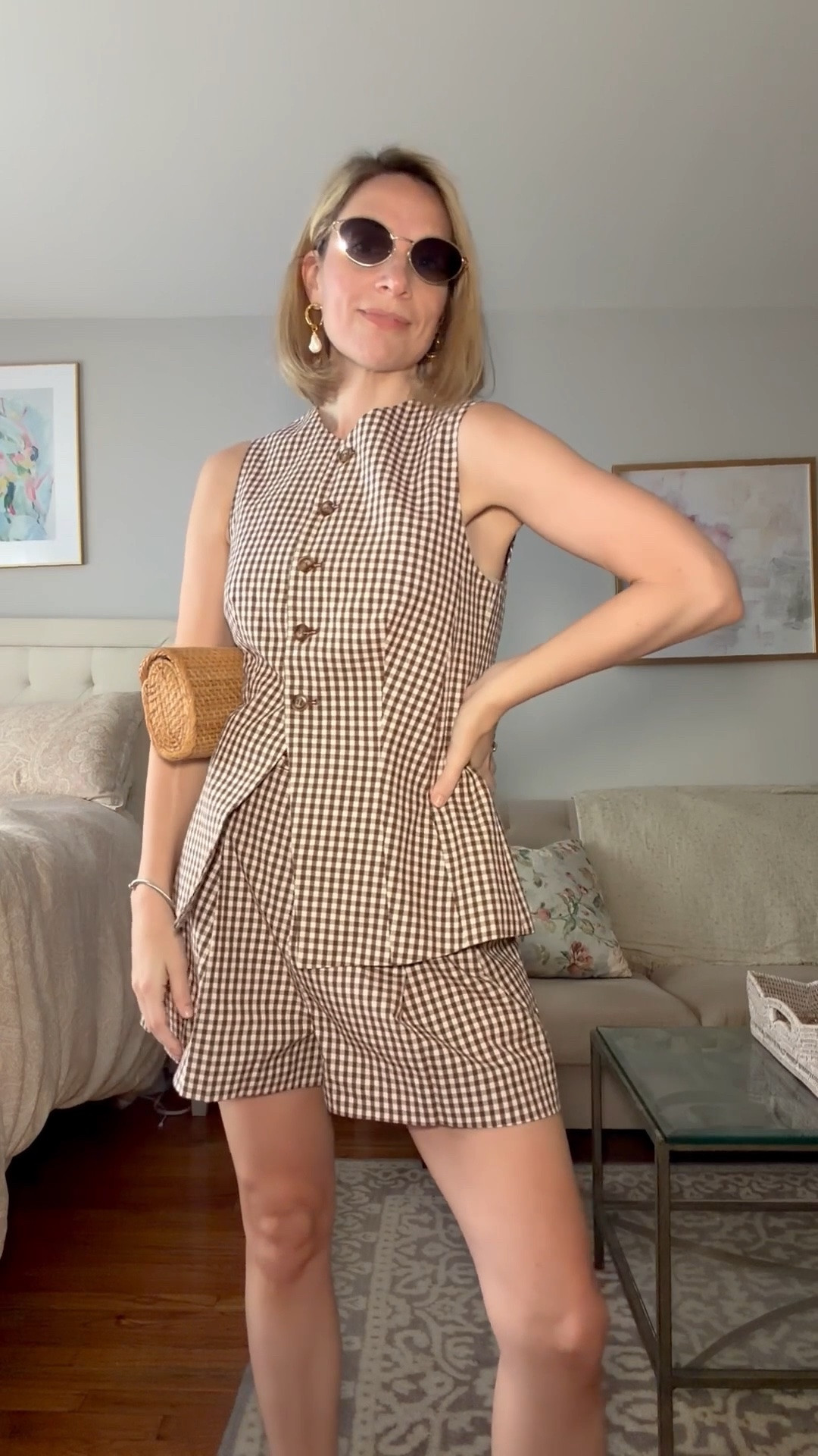 How cute is this brown gingham matching set - a gingham vest with matching shorts. I styled it with my new 90s inspired white kitten heel sandals (under $100) and an old rattan handbag to make it more summery. This is a great outfit to wear at night, to events, or out to dinner. You can mix and match - top can be worn to work. Bottoms can be paired with different tops

#LTKgrwm #LTKootd #LTKSeasonal