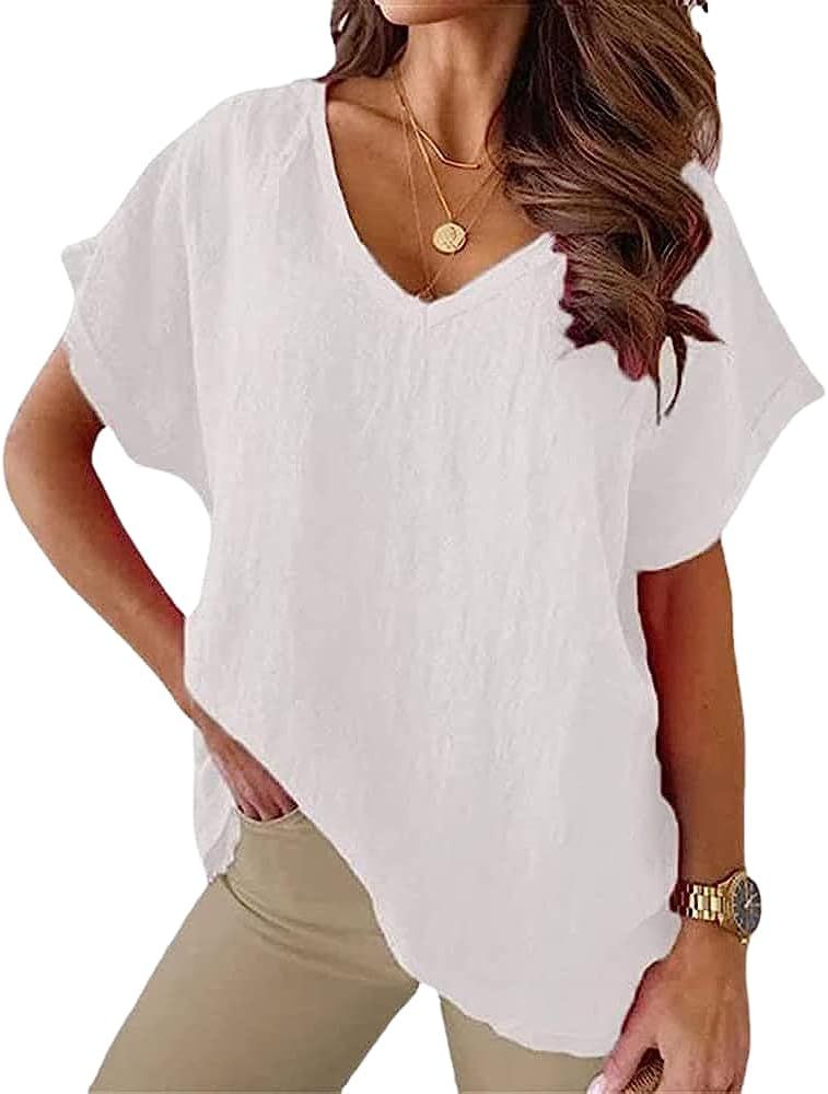 Womens Short Sleeve Cotton Linen Shirts Causal V-Neck Batwing Oversized T-Shirt Solid Color Loose... | Amazon (US)