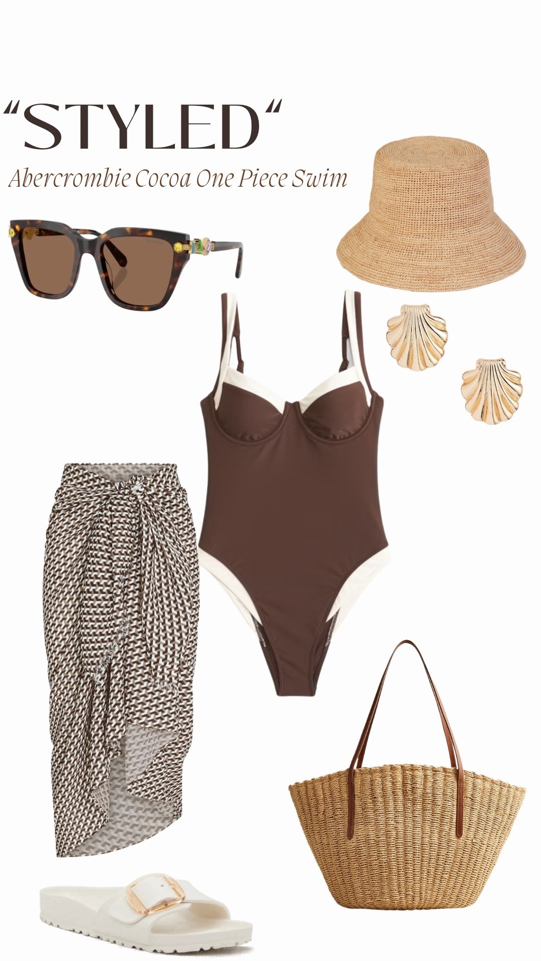 “Styled”
Abercrombie Cocoa One Piece Swimsuit

Straw Woven Tote - J.Crew (como tote)
Linen Sarong - Monday Swimwear (St. Tropez Sarong)
Shell Stud Earring - Open Edit
Dark Brown Sunglasses - Swarovski
Raffia Bucket Hat - Lack of Color (The Inca Hat)
Off White Sandal - Birkenstock (Madrid Big Buckle Sandal)

#LTKSeasonal #LTKootd #LTKTravel