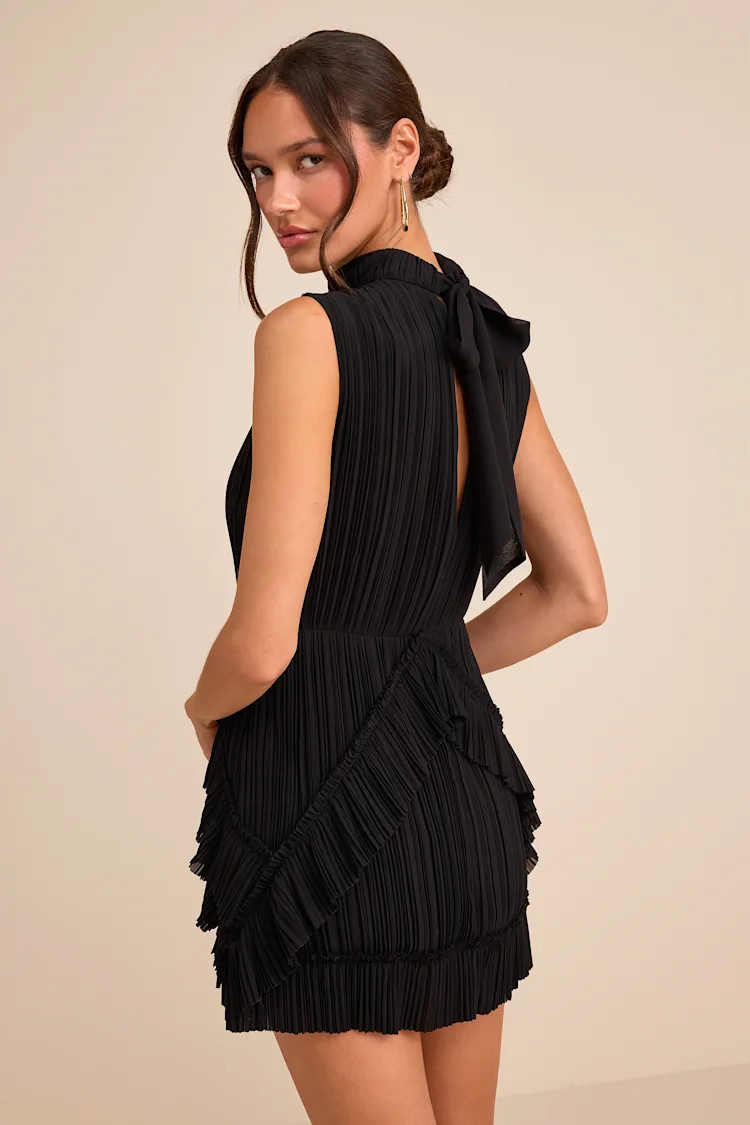 Alvana Black Plisse Mock Neck Ruffled Mini Dress | Lulus