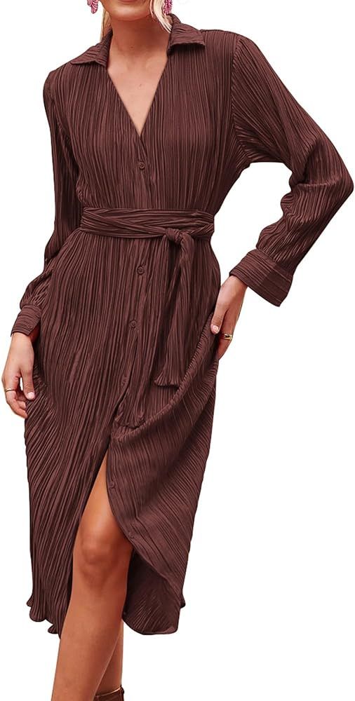 KIRUNDO Womens 2024 Spring Fall Long Sleeve Midi Dress Button Down Pleated Shirt Casual V Neck Tie Waist Elegant Dresses | Amazon (US)