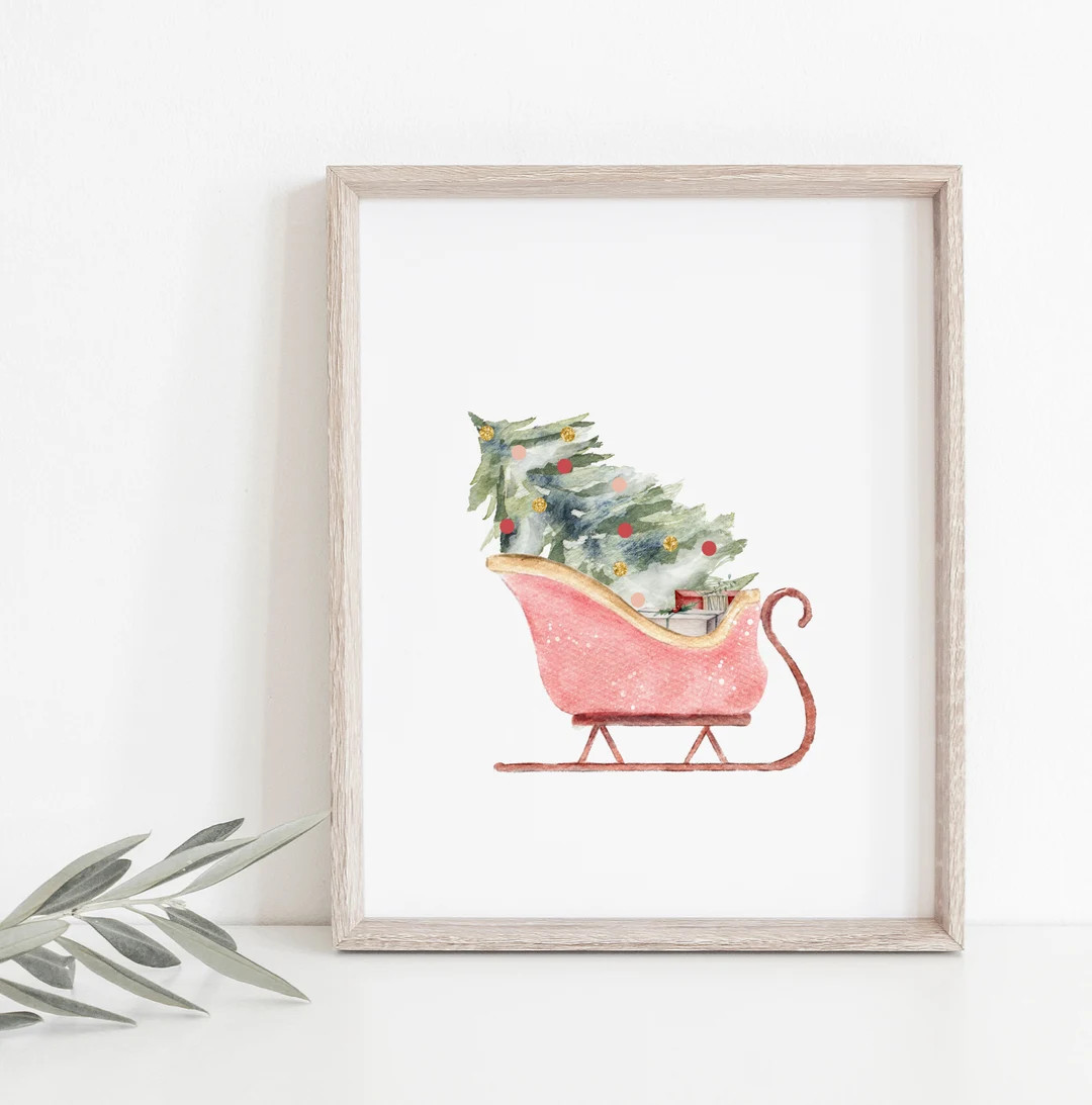 Christmas Sleigh Print Pink Christmas Print Christmas - Etsy | Etsy (US)