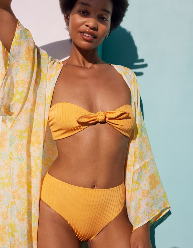 Aerie Ribbed Shine Mid Rise Cheeky Bikini Bottom | American Eagle Outfitters (US & CA)