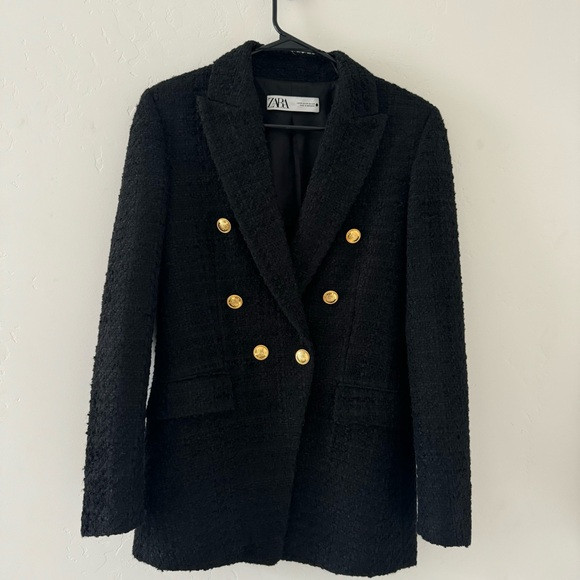 Zara Soft Tweed Long Oversized Blazer Size XS Black Gold Buttons Balmain Style | Poshmark