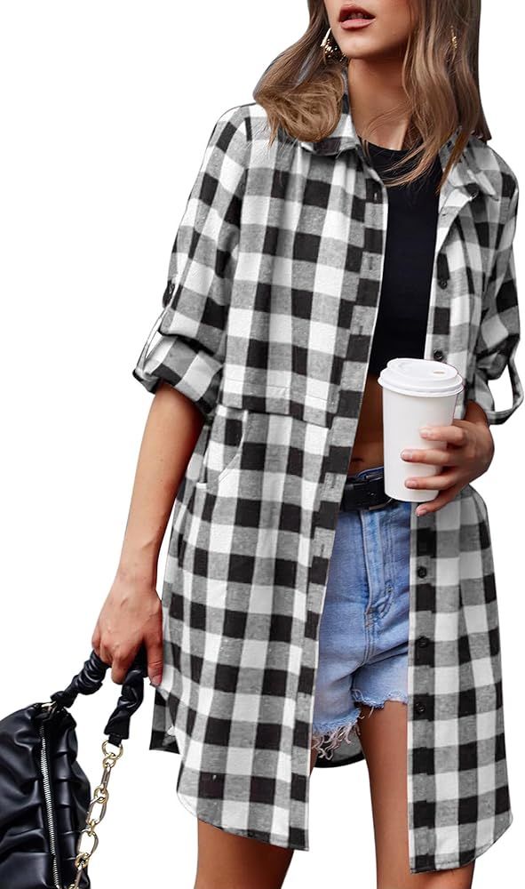 HOTOUCH Womens Flannel Plaid Shirts Roll Up Long Sleeve Mid-Long Casual Boyfriend Shirts with Poc... | Amazon (US)