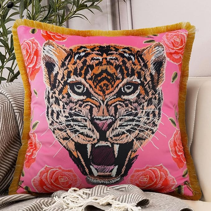 Tiger Floral Velvet Decorative Throw Pillow Cover 20x20 In Pink Pillow Covers Flower Animal Print... | Amazon (US)
