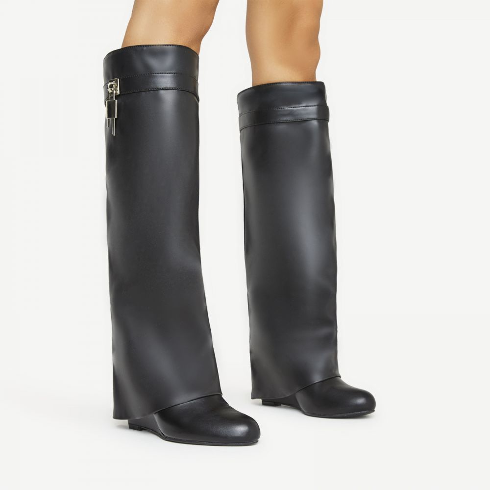 I-Am-The-One Padlock Detail Wedge Heel Knee High Long Boot In Black Faux Leather | EGO Shoes (US & Canada)