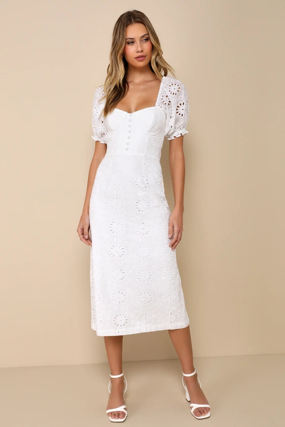 Darling Status White Eyelet Puff Sleeve Bustier Midi Dress | Lulus