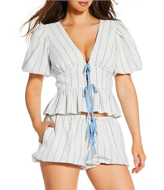 x Cyd Morris The Abigail Stripe Print V-Neck Short Sleeve Tie Front Coordinating Blouse | Dillard's
