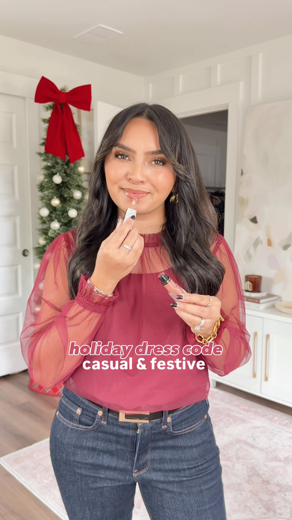 Casual and Festive Holiday Outfits!
For reference: I’m 5’0, 32b bra size, and 2/26 in bottoms, pear shaped. 
*Everything I share is unaltered! TTS means true to size. Between size 5-6.6 in shoes

Green plaid top size xs petite TTS
Straight jeans in seaside blue wash size 26, 26” inseam TTS
Gold heels size 5 TTS

Black tartan plaid top size xxs regular TTS
Black jeans size 0 petite TTS - I size down a size in this brand
Burgundy mary jane slingbacks size 5 TTS


Bow sweater size xxs regular TTS
Washed black slim wide leg jeans size 26 petite TTS
Black loafers size 5 TTS

Red plaid top size xxs regular TTS
Flare jeans in rinse wash  size 26 petite - run a little snug in the waist, size up a size if you like a more roomy waist
Black boots size 5.5 TTS


Vintage burgundy tulle top size xxs regular TTS
Bootcut jeans size 0 petite - I size down a size in this brand
Black heels size 5 TTS


holiday tops
casual festive outfits
holiday outfit ideas
holiday tops with jeans
holiday tops for work
office holiday outfits
festive workwear
work holiday outfit ideas
petite holiday outfits
petite workwear outfits
holiday party outfits
holiday outfits with dress pants
casual holiday outfits
holiday fashion finds
versatile holiday tops
Rachel Miranda Blog
Honeysweetpetite


#LTKPetite #LTKSaleAlert #LTKHoliday