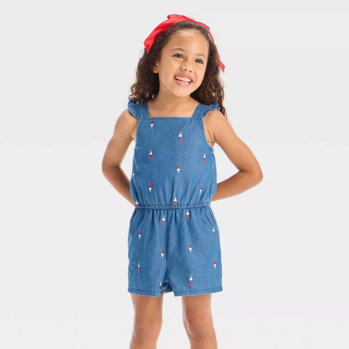 Toddler Girls' Americana Ice Cream Embroidered Denim Romper - Cat & Jack™ Medium Wash | Target