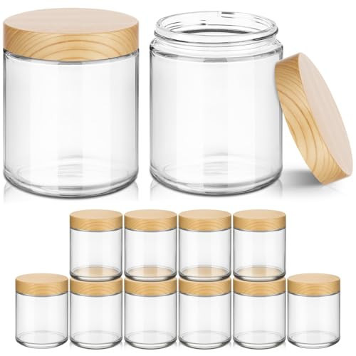 8 oz Glass Jars with Lids, 12 Pack Small Glass Jars with Plastic Woodgrain Lids, Lotion Container Empty Cosmetic Travel Containers for Sample, Cream, Lotion, Honey, Powder | Amazon (US)