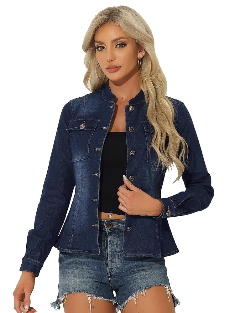 Allegra K Casual Denim Jacket for Women's Classic Stand Collar Long Sleeve Jean Jacket | Amazon (US)