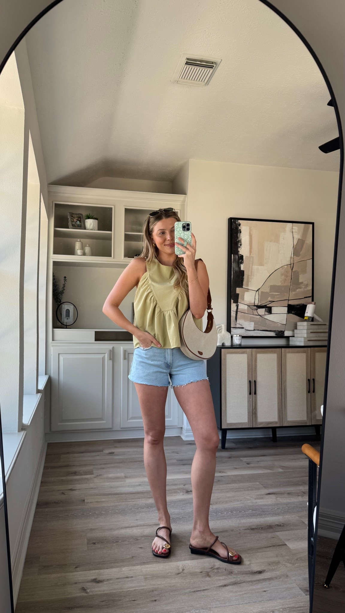 Casual spring outfit perfect for brunch or a beach vacation! Shorts currently on sale! Use code SHORTSAF for additional 15% off! 
SIZING: S in top, 27 in jean shorts, sandals tts. 

#LTKSeasonal #LTKShoeCrush #LTKStyleTip