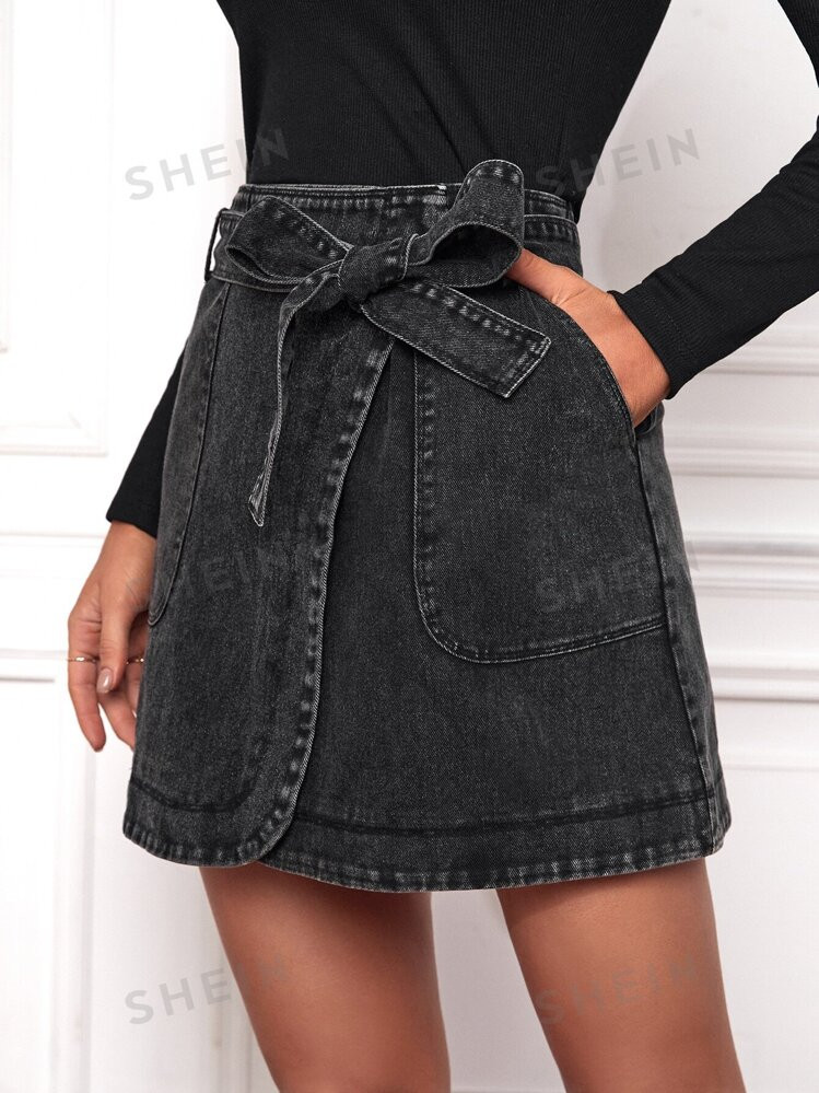 SHEIN Frenchy Pocket Side Wrap Belted Skirt | SHEIN USA | SHEIN