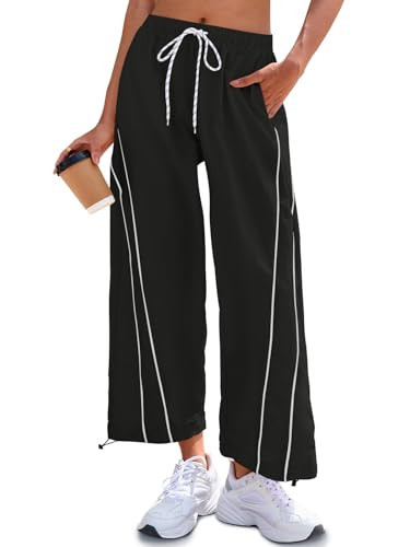 Fisoew Womens Baggy Wide Leg Pants Casual Elastic Waist Drawstring Hiking Workout Cropped Track Pants with Pockets Black | Amazon (US)