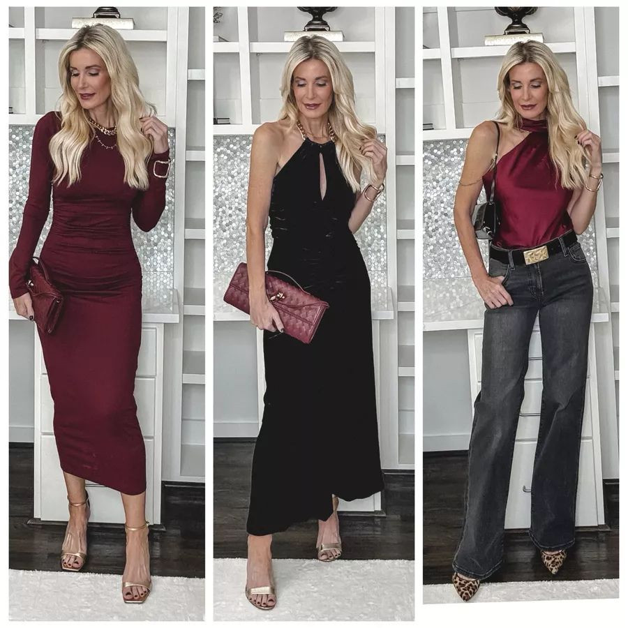 NORDSTROM RACK HAUL: Three fabulous looks to wear to all (or any) of your holiday soirees—and every single one is on sale right now 🎄✨ ✨ Look 1: This gorgeous black velvet halter dress by Veronica Beard is an absolute showstopper. It hugs your curves in all the right places, the fit is impeccable, and it feels timeless, elegant, and effortlessly sexy. ✨ Look 2: A more casual holiday vibe, but still chic. This burgundy satin one-shoulder top paired with super-flattering gray wide-leg jeans and a black belt with a gold buckle is the perfect elevated denim look for dinner parties or festive nights out. ✨ Look 3: This burgundy ruched fitted midi dress fits like a glove and is stunning on its own—but topped with the matching burgundy faux fur jacket, it’s next-level glamorous. Everything runs true to size. Wearing XS in the dresses and tops and size 24 in the denim. Which look are you wearing first? 

 

#LTKHoliday #LTKSeasonal #LTKFindsUnder100