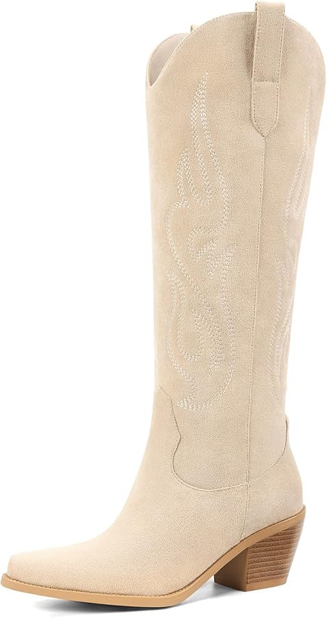 Pasuot Western Cowboy Boots for Women - Knee High Wide Calf Cowgirl Boots, Slip On Pointed Toe Ch... | Amazon (US)