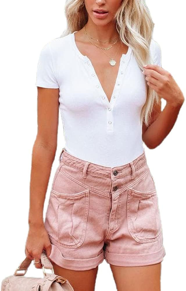 OWIN Women's V Neck Short Sleeve Button Down Ribbed Knit Basic Bodysuit Jumpsuit Leotard Casual T... | Amazon (US)