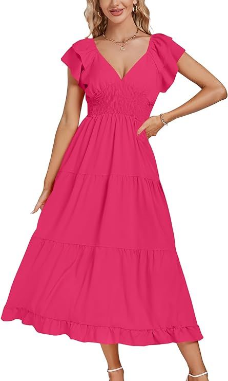LYANER Women’s V Neck Shirred Waist Layered Ruffle Sleeve Swing Flowy A-Line Maxi Dress | Amazon (US)