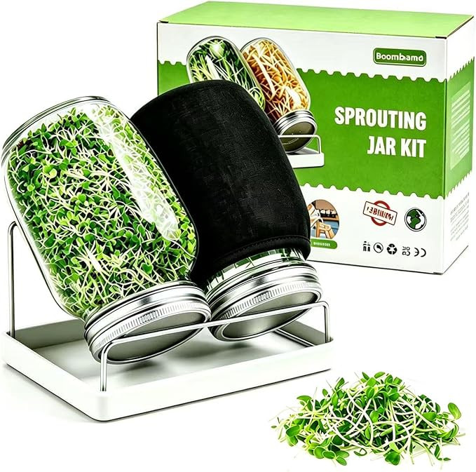 Premium Sprouting Jar Kit, 2Pack Wide Mouth Mason Jars with Mesh Sprouting Lids, Blackout Sleeves... | Amazon (US)
