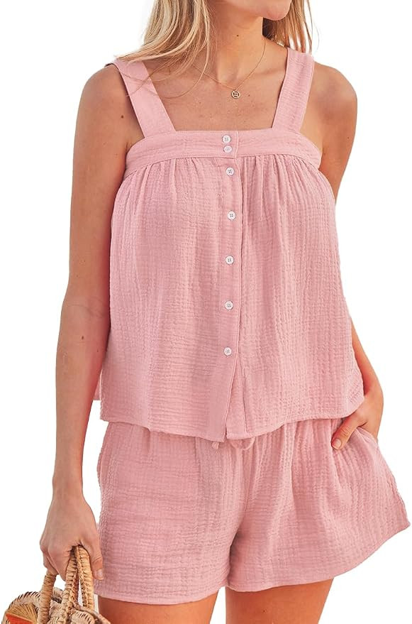 Womens Summer 2 Piece Short Set Sleeveless Button Down Top and Shorts Cotton Pajama Sets | Amazon (US)