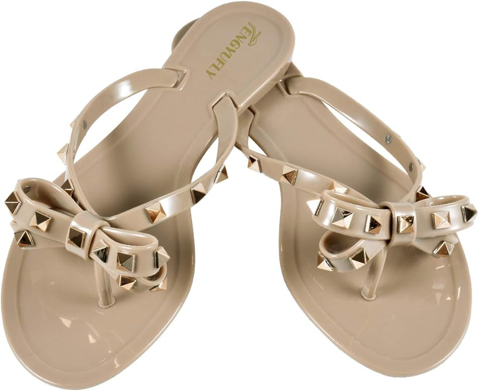 Womens Rivets Bowtie Flip Flops Jelly Thong Sandal Rubber Flat Summer Beach Rain Shoes | Amazon (US)