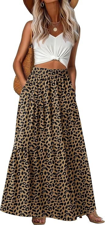 GRECERELLE Women's Boho Maxi Skirt Elastic High Waist Tiered A-Line Casual Summer Flowy Asymmetri... | Amazon (US)