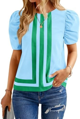 Cicy Bell Womens Summer Puff Sleeve Blouses Striped Color Block Cropped Tops Casual Round Neck Sh... | Amazon (US)