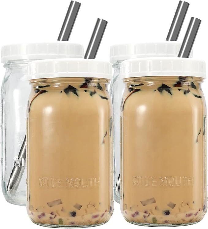 Bubble Tea Cups 4 Pack 32oz, Reusable Wide Mouth Glass Smoothie Cups, Iced Coffee Cups With White... | Amazon (US)