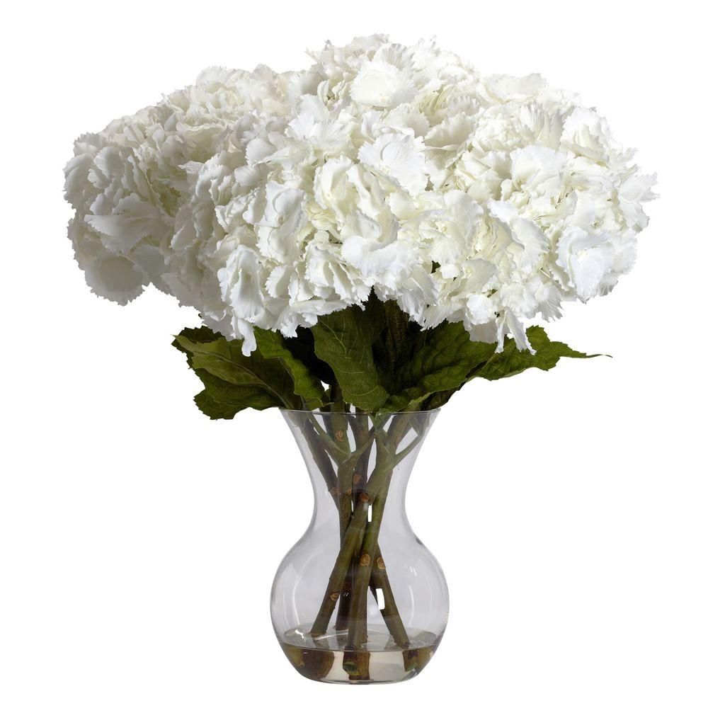 Nearly Natural 23 in. H White Large Hydrangea with Vase Silk Flower Arrangement | The Home Depot