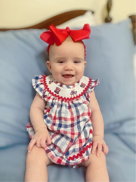 Patriotic smocked baby girl patriotic outfit, red bow, headband 

#LTKFindsUnder50 #LTKBaby #LTKFindsUnder100