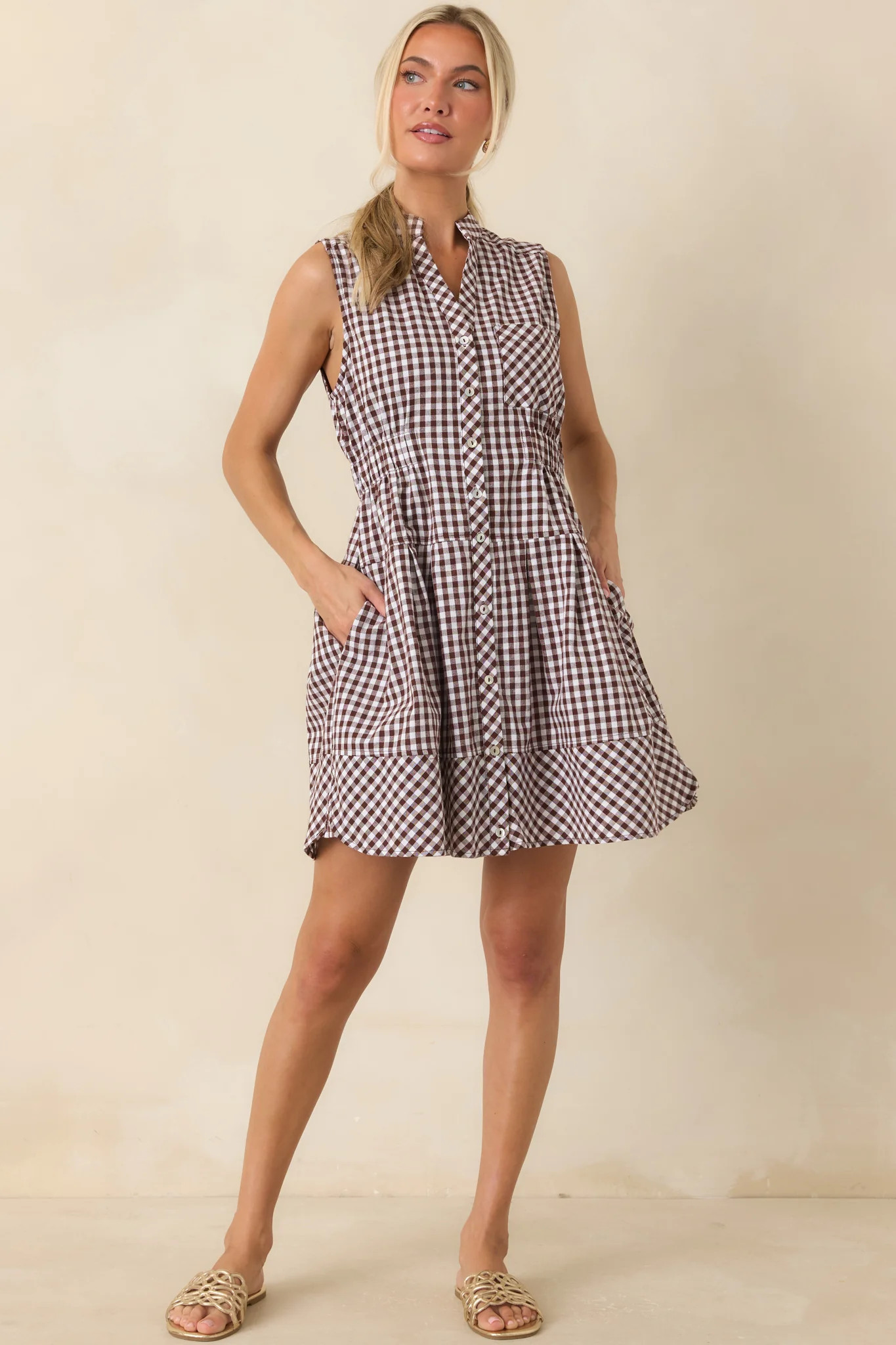 Made for Wandering Chocolate Brown Gingham Sleeveless Mini Dress | Red Dress