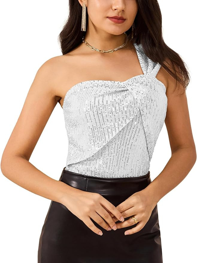 GRACE KARIN Women's Sleeveless Sparkle Shimmer One Shoulder Twist Knot Sequin Tank Tops | Amazon (US)
