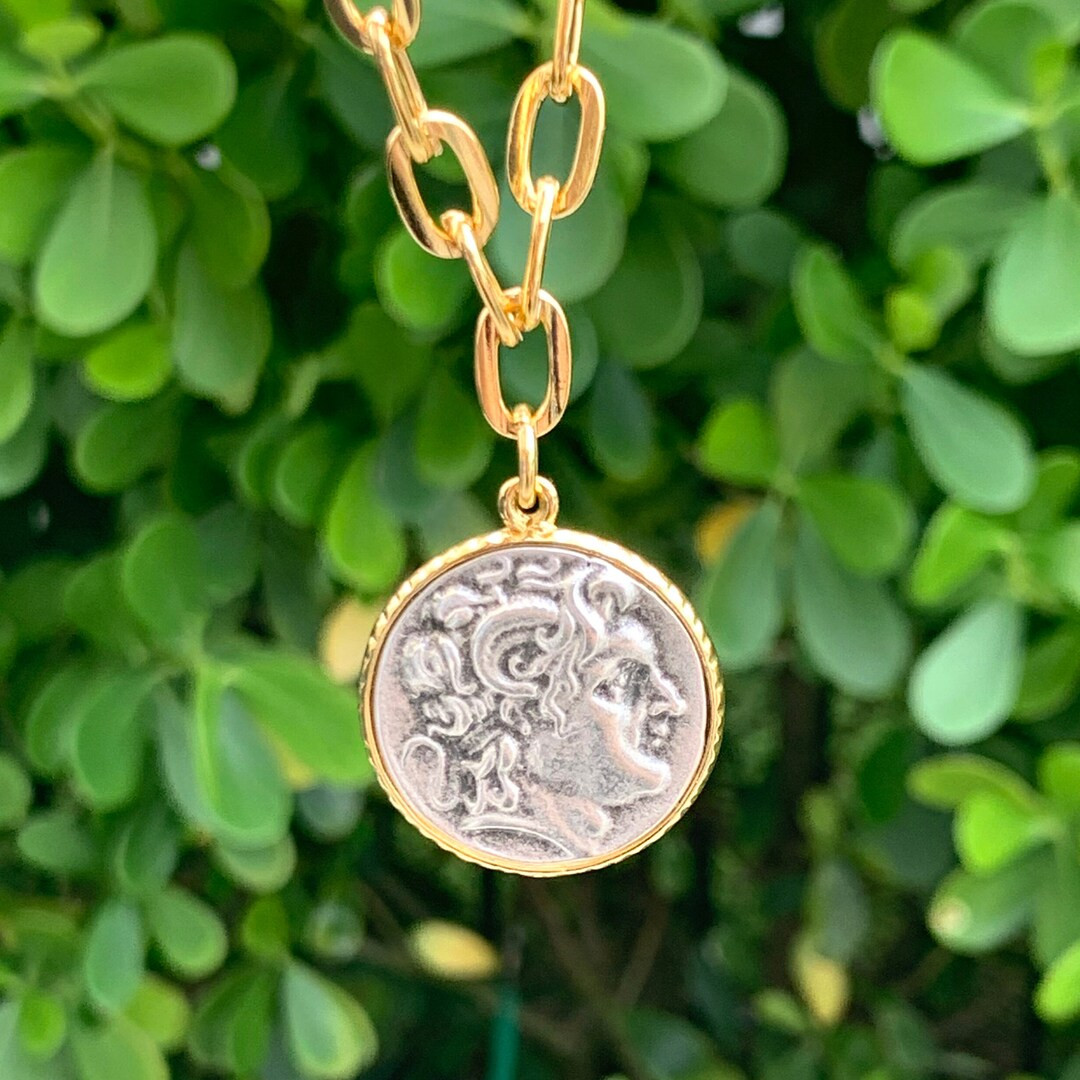 24k Gold Plated Necklace, Flat Oval Rolo Necklace With GP Antique Silver Greek Coin Medallion Pen... | Etsy (US)