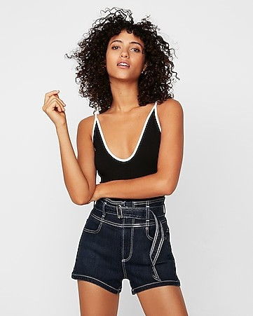 super high waisted belted stretch denim shorts | Express