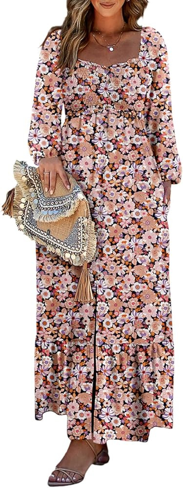 Dokotoo Spring Dresses for Women 2025 Boho Floral Smocked Square Neck Long Sleeve Button Down Bea... | Amazon (US)