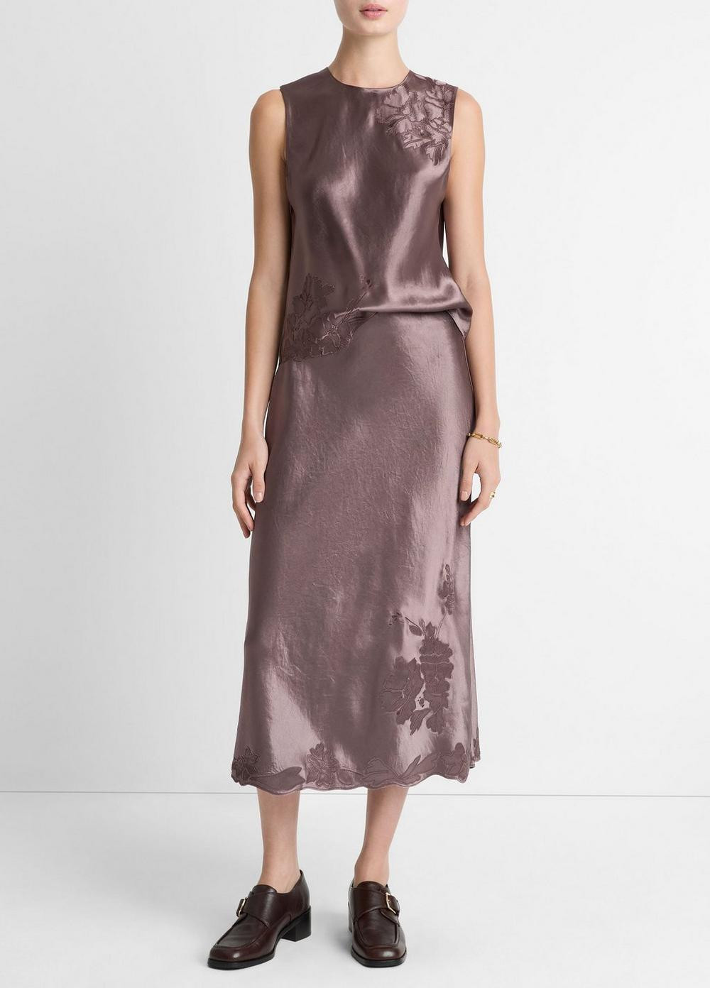 Women's Floral-embroidered Satin Slip Skirt, Smoky Berry, Size S Vince | Vince LLC