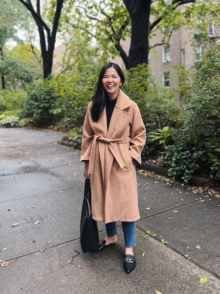 Abercrombie, fall outfit, camel coat (XXSP, from last year but linked similar style from same brand), black sleeveless sweater, high waisted skinny jeans, black tote bag, black mule loafers with gold chain (TTS).

#LTKunder50 #LTKSeasonal #LTKstyletip