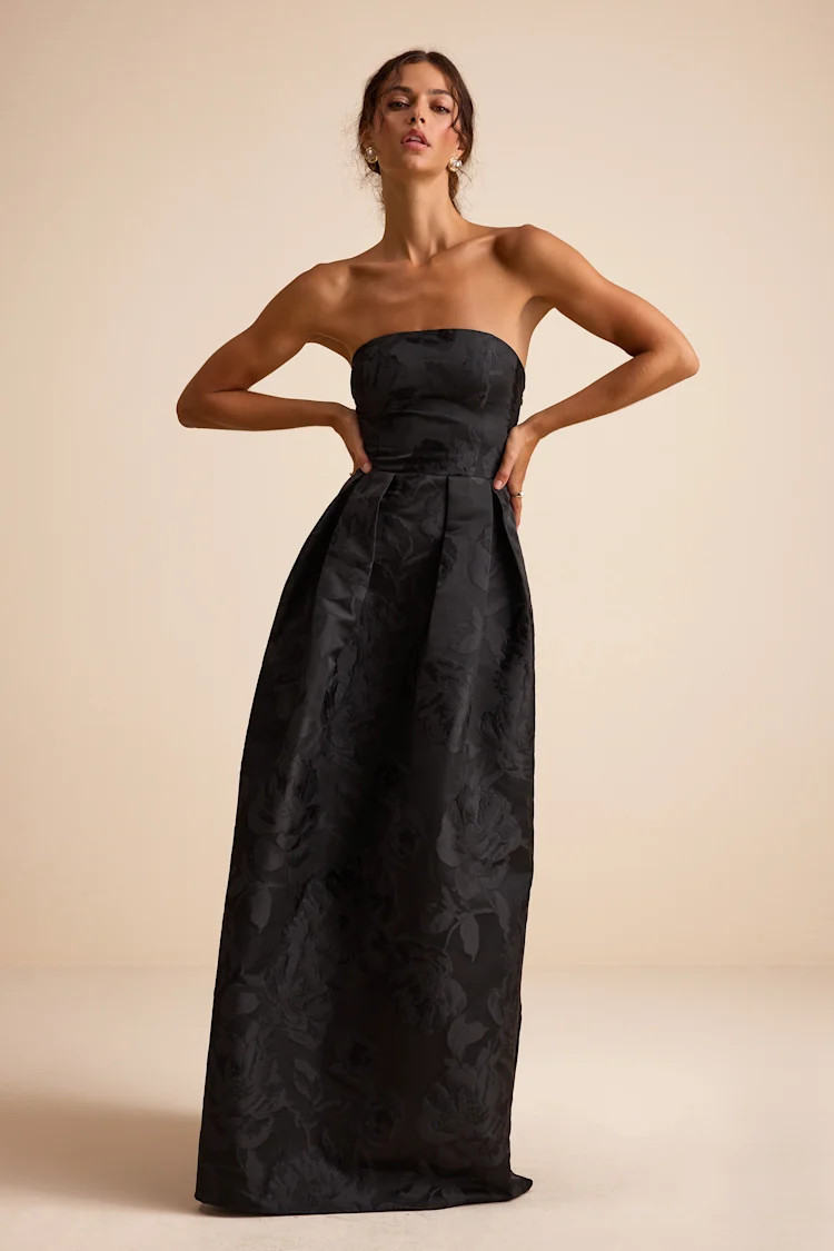 Laurelin Black Floral Jacquard Pleated Strapless Maxi Dress | Lulus