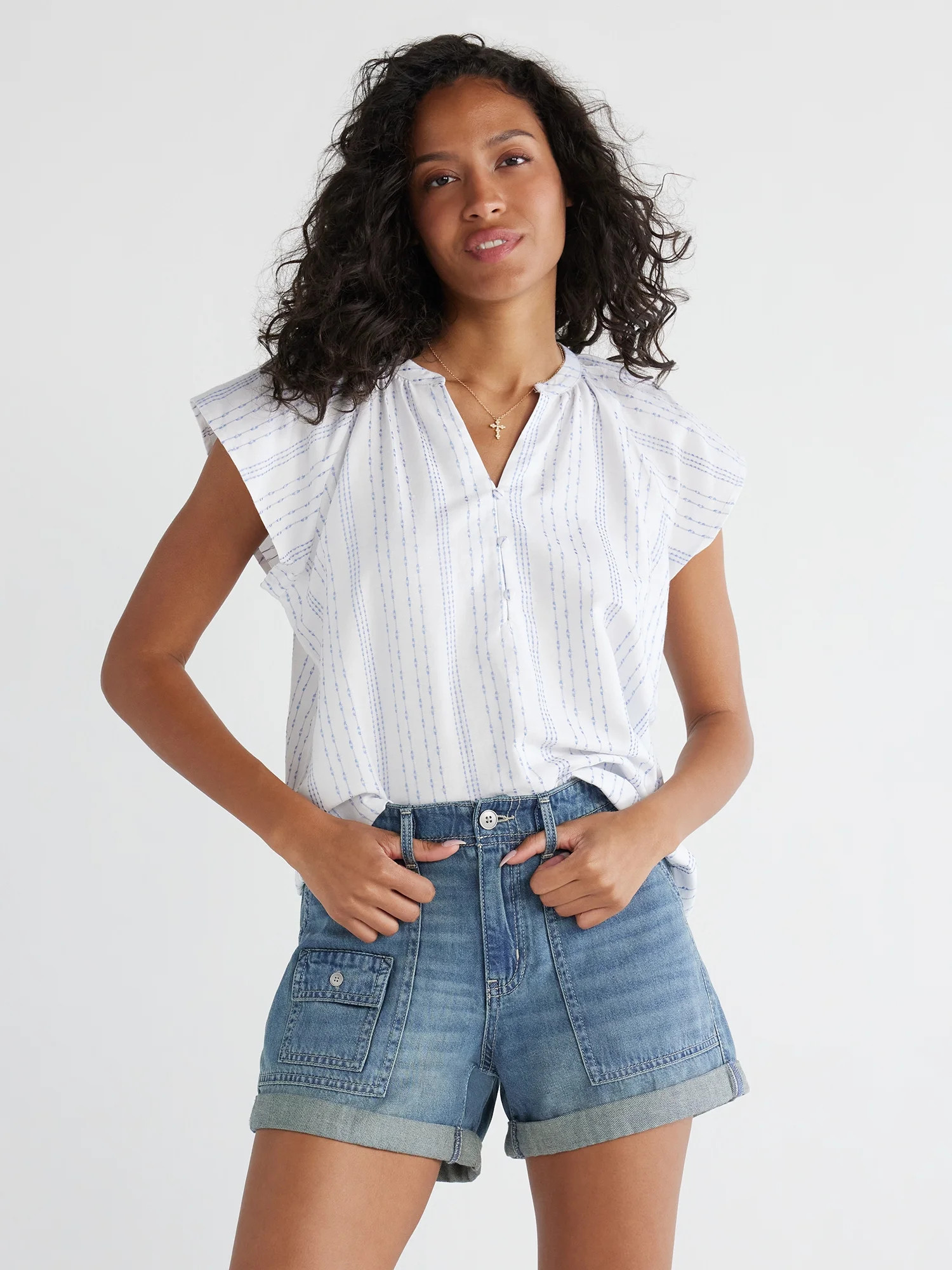 Time and Tru Women's Split Neck Top with Flutter Sleeves, Sizes XS-XXXL | Walmart (US)