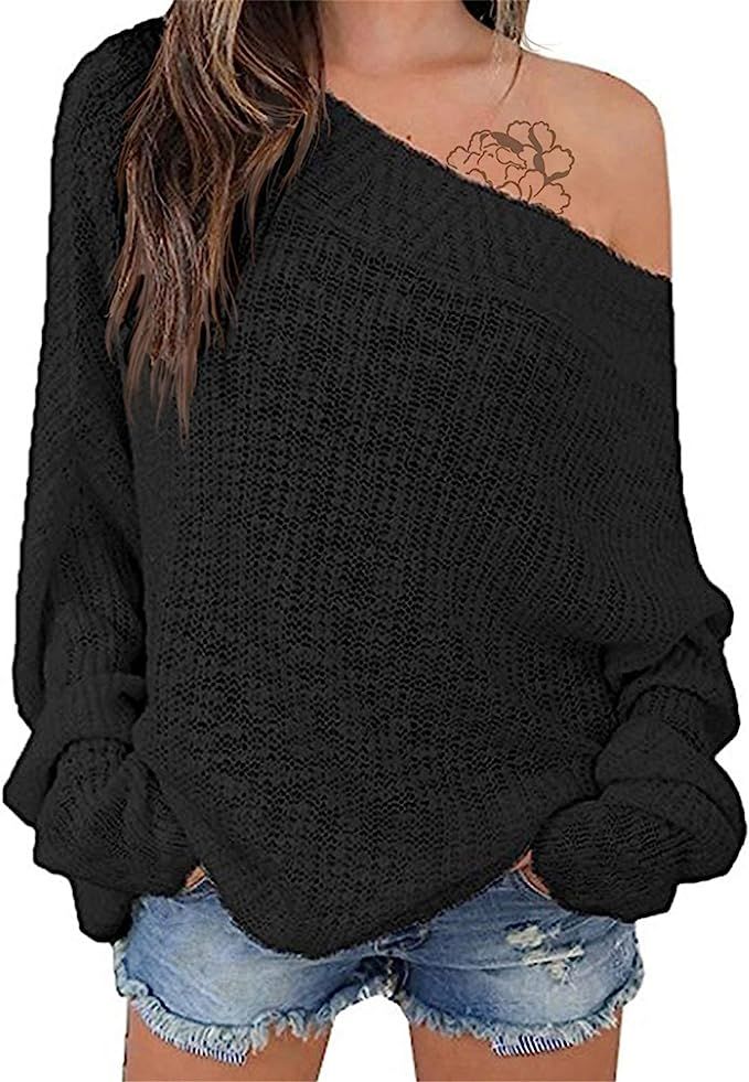 EXLURA Women's Off Shoulder Sweater Batwing Sleeve Loose Oversized Pullover Knit Jumper | Amazon (US)