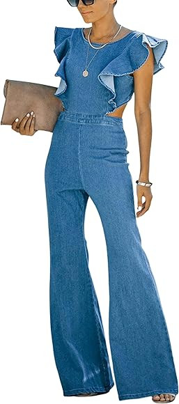 Omoone Womens Flared Denim Overalls Jumpsuit Ruffle Sleeves Backless Stretchy Blue Jean Romper | Amazon (US)