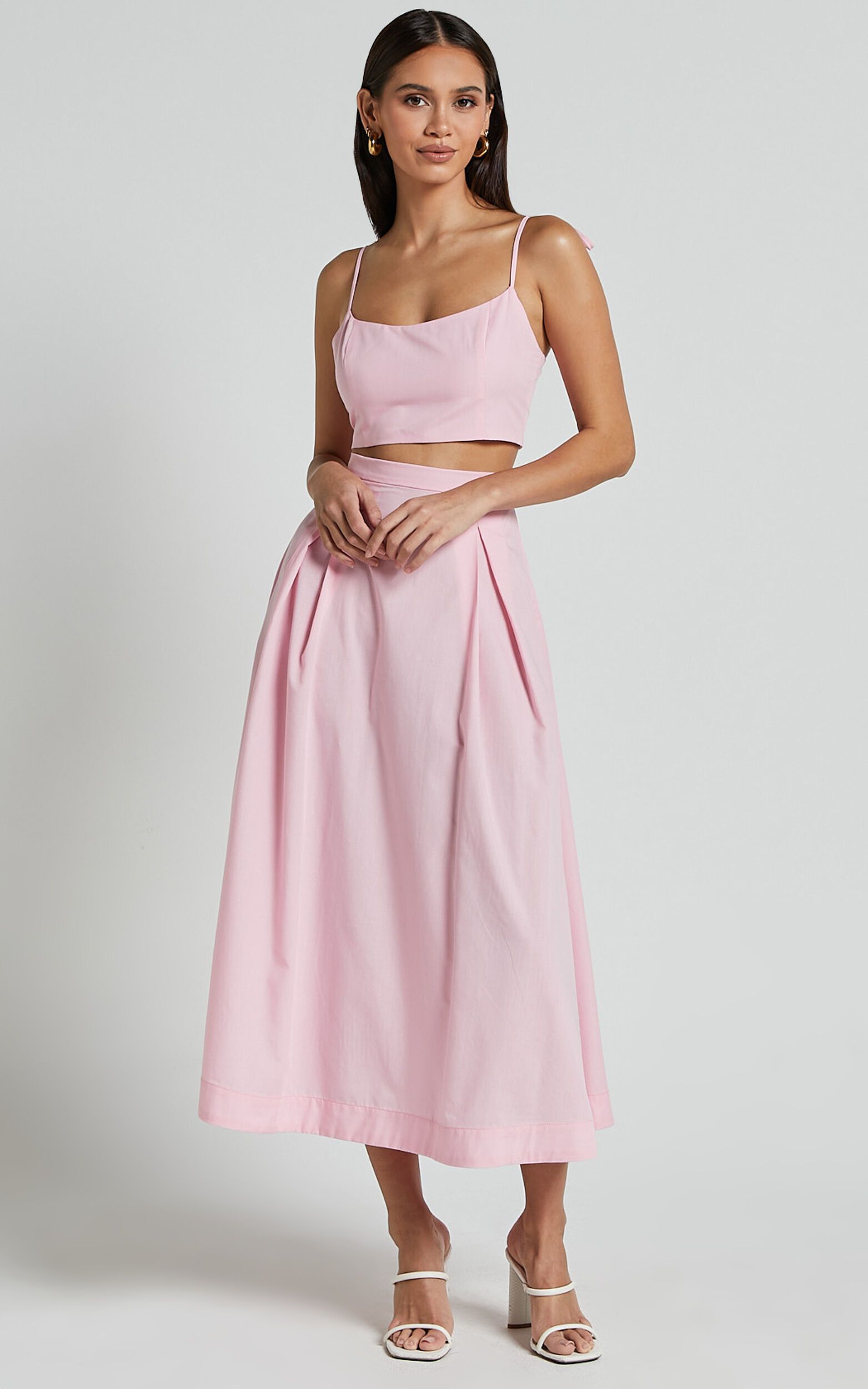 Rosalee Two Piece Set - Strappy Crop Top and High Waisted A Line Midi Skirt Set in Pink | Showpo (US, UK & Europe)